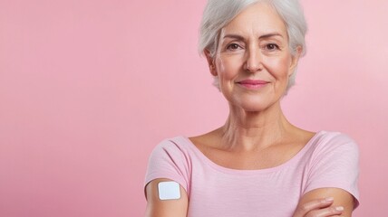 Canvas Print - A woman in a pink shirt is smiling and holding a small device in her hand, the concept of immunization