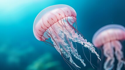 Two jellyfish are swimming in the ocean