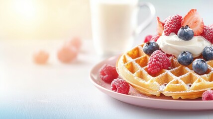 Wall Mural - A plate of waffles with strawberries and blueberries on top