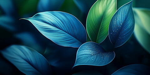 close-up detail macro texture bright blue green leave tropical forest plant spathiphyllum cannifoliu