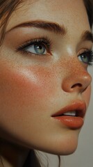 Canvas Print - Close-up Portrait of a Woman with Blue Eyes and Freckles