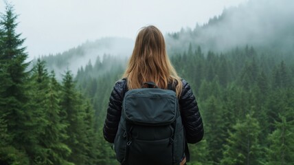 Canvas Print - A woman with long hair is standing in a forest with a backpack on