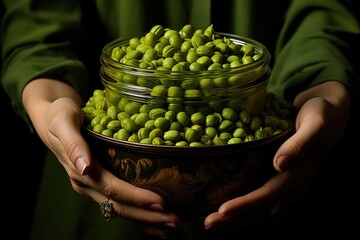 Female hand carrying green peas of the can., generative IA