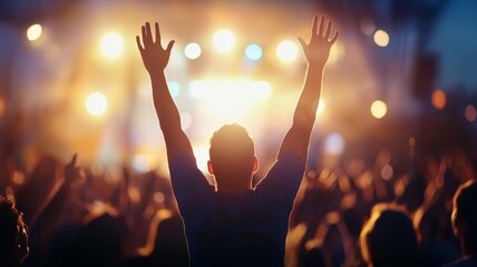 Canvas Print - A man is standing in front of a crowd of people, raising his hands in the air