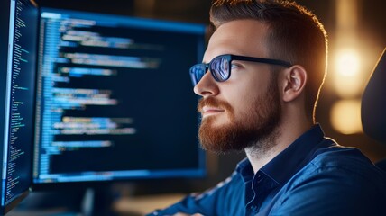 Canvas Print - A man with glasses is sitting in front of two computer monitors