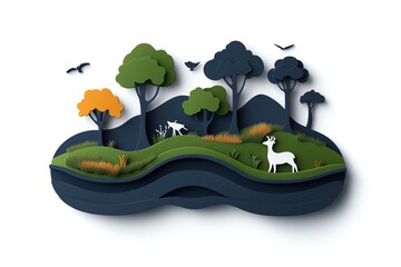 Poster - Minimalist habitat icon with trees, water, and wildlife, representing nature in a clean, abstract design