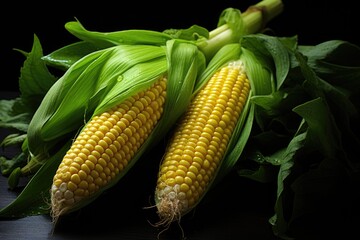 Two isolated mature sweet corn ears, generative IA