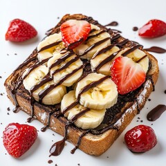 Wall Mural - Delicious dessert toast topped with bananas and strawberries. Drizzled with chocolate sauce, this treat is perfect for breakfast or dessert. Bright and appealing for food lovers. AI