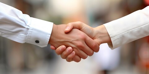 Close-up of a handshake between two business professionals in light formal attire, symbolizing partnership