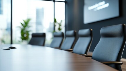 Poster - A conference room with a large black leather chair at the head of the table