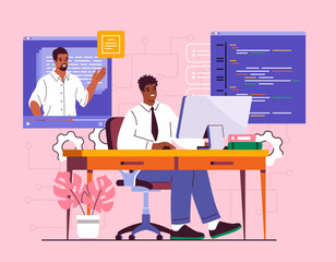 Man with programming. Young guy with computer at workplace. Programmer and IT specialist. Software and programs development. Man write code. Flat vector illustration isolated on pink background