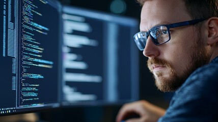 A man with glasses is looking at a computer screen with a lot of code on it
