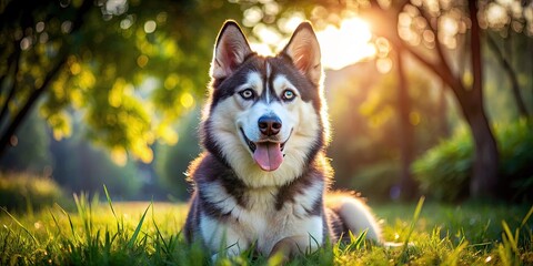 Wall Mural - Playful Husky Mix Dog with Beautiful Blue Eyes Sitting on Grass in a Sunny Outdoor Setting