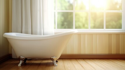 Canvas Print - A white bathtub with a wooden floor and a window in the background