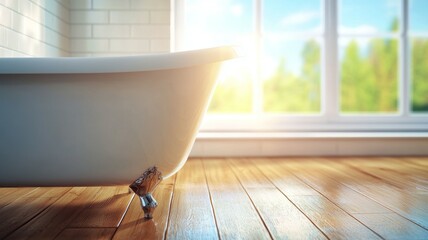 Canvas Print - A bathtub with a wooden floor and a window in the background