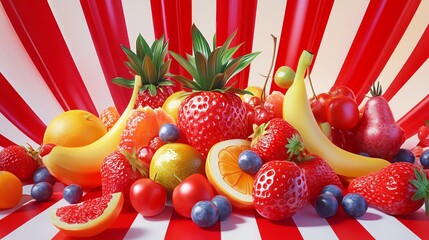 Wall Mural - A colorful assortment of fresh fruit,  including bananas, strawberries, blueberries, and oranges, arranged on a red and white striped background.