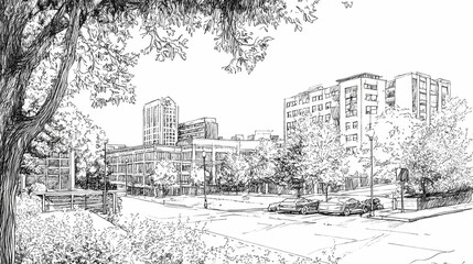 Wall Mural - A pen and ink drawing of downtown greenville in south carolina was created using generative ai - generative ai. Ink Drawing. Illustration