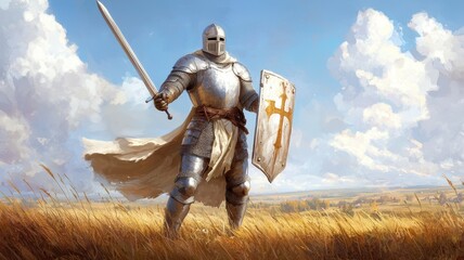 A knight in full armor is standing in a field with a sword and shield