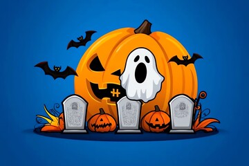 Aufkleber - Simple haunted Halloween graveyard icon, with tombstones and a ghostly figure in a clean, minimalistic style
