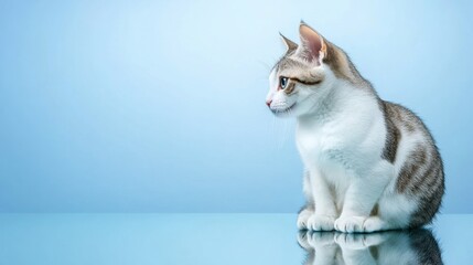 Poster - A small cat sitting on a table looking at the camera, AI