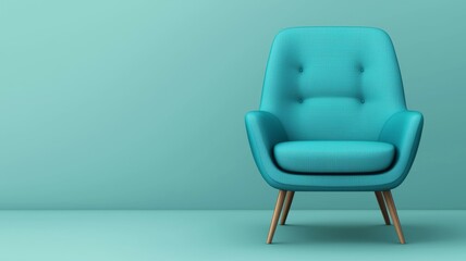 Wall Mural - A blue chair with a wooden frame sits in a room with a light blue wall