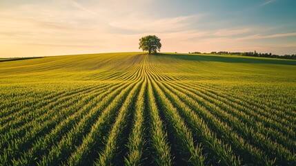 Wall Mural - A lone tree stands on a hilltop overlooking rows of green crops.