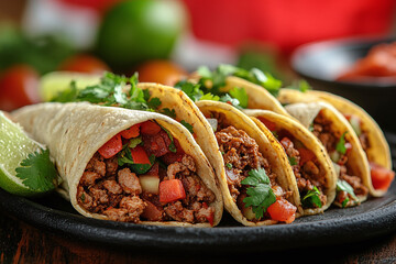 Wall Mural - Close-up of traditional Mexican food like tacos or enchiladas with the Mexican flag in the background.