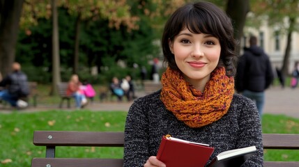 Poster - A woman sitting on a bench with books in her hands, AI