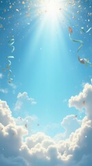 festive background banner with a beautiful blue sky filled with small clouds and celebration ribbon 