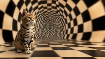 Canvas Print - A cat sitting on a checkered floor in front of an optical illusion, AI