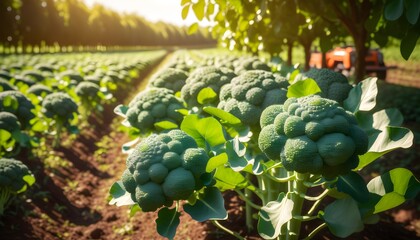 Canvas Print - Vibrant Close-Up of Ripe Broccoli Field Under Sunny Skies with Expansive Landscape