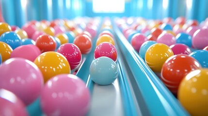 Wall Mural - A bunch of colorful balls are on a conveyor belt, AI