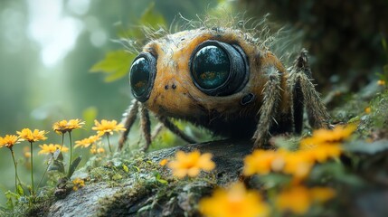 Canvas Print - Close-up of a Fuzzy Insect with Large Eyes in a Lush Forest Setting