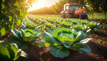 Wall Mural - Vibrant cabbage box in full bloom under sunrise at an organic farm, showcasing natures beauty enhanced by generative AI