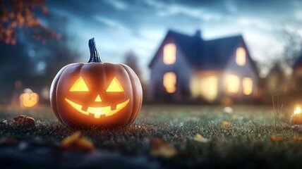 Wall Mural - A pumpkin with a smiley face on it is sitting on a lawn next to a house