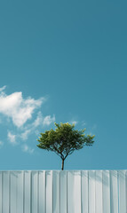 solitary tree stands against sleek modern white fence under clear blue sky, minimalist beauty of nat