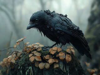 Poster - A Crow Perched in a Foggy Forest