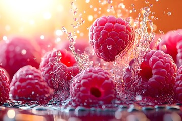 Wall Mural - A close-up shot of a handful of raspberries splashing in water, creating a vibrant and refreshing scene.