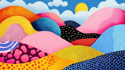 Wall Mural - a colorful painting of a landscape with mountains and hills, ai