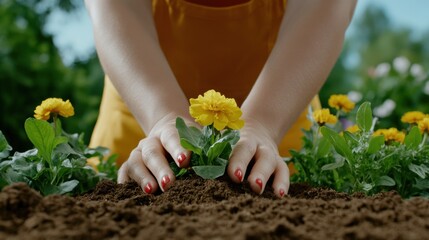 Canvas Print - A woman planting a yellow flower in the dirt with her hands, AI