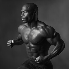 black and white portrait of a muscular man running, emphasizing strength, determination, and the pow