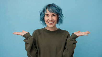 A young woman with vibrant blue hair, smiling broadly. She is wearing a green sweater and is positioned against a light blue background. 