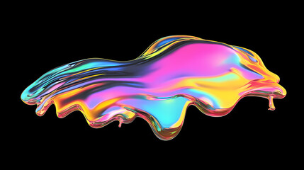 Wall Mural - bold holographic liquid blob shape isolated. iridescent wavy melted substance on black background. 3