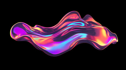 Wall Mural - bold holographic liquid blob shape isolated. iridescent wavy melted substance on black background. 3