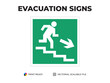 © Media Core Design - Emergency exit sign. Direction to the evacuation exit sign. Up the stairs to the right. Universal symbol for safe evacuation used in public buildings. Safety signage vector with green background.