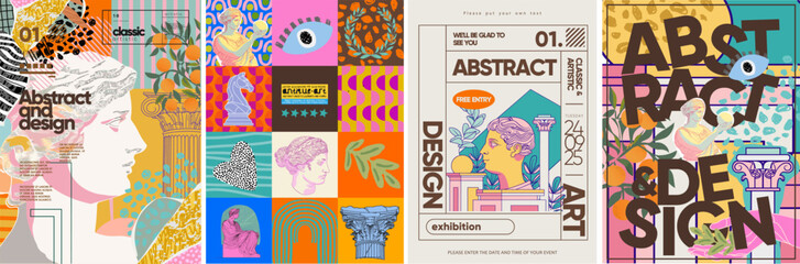 abstract art design. vector illustration of antique sculptures, column, modern objects, mythology, c