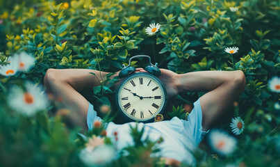 person with alarm clock head, work life balance concept, rest and recreation, connection between tim