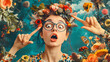 © Thiago - Creative montage collage amazed girl point frustrated reaction misunderstanding shocking emoji surreal artistic emotions expression digital art. Surreal Collage. Illustration