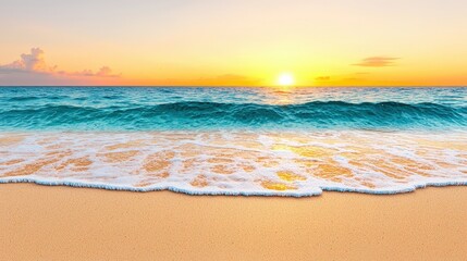 Wall Mural - Golden Sunset Over Ocean Beach with Rolling Waves and Sandy Shore