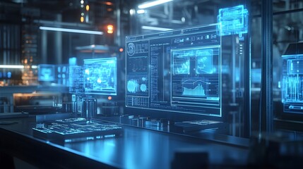 AI-generated food quality reports on multiple holographic displays, sleek, modern factory environment, vivid blue neon lights, digital sketch with sharp detail